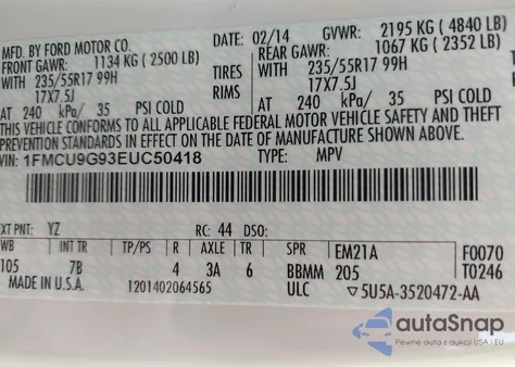 2014 Ford Escape Se z USA, uszkodzony, nr VIN 1FMCU9G93EUC50418